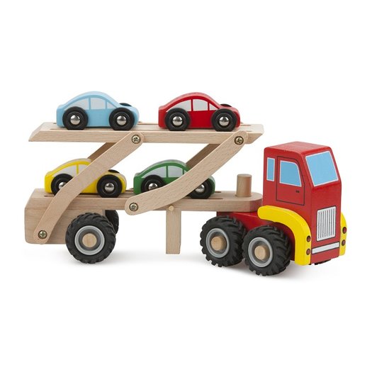 Houten autotransporter met 4 auto's